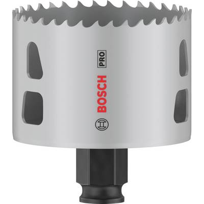 Une scie-cloche argentée aux dents acérées portant l'inscription 'BOSCH PRO'. Elle est conçue pour percer précisément dans différents matériaux.