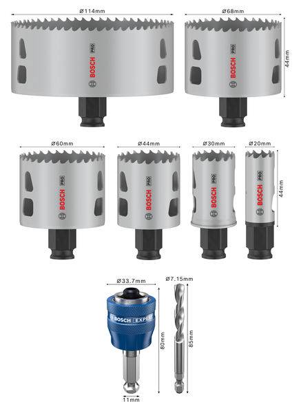 Différents scies-cloches Bosch de diamètres et longueurs variés, ainsi qu'un adaptateur et un foret assortis.