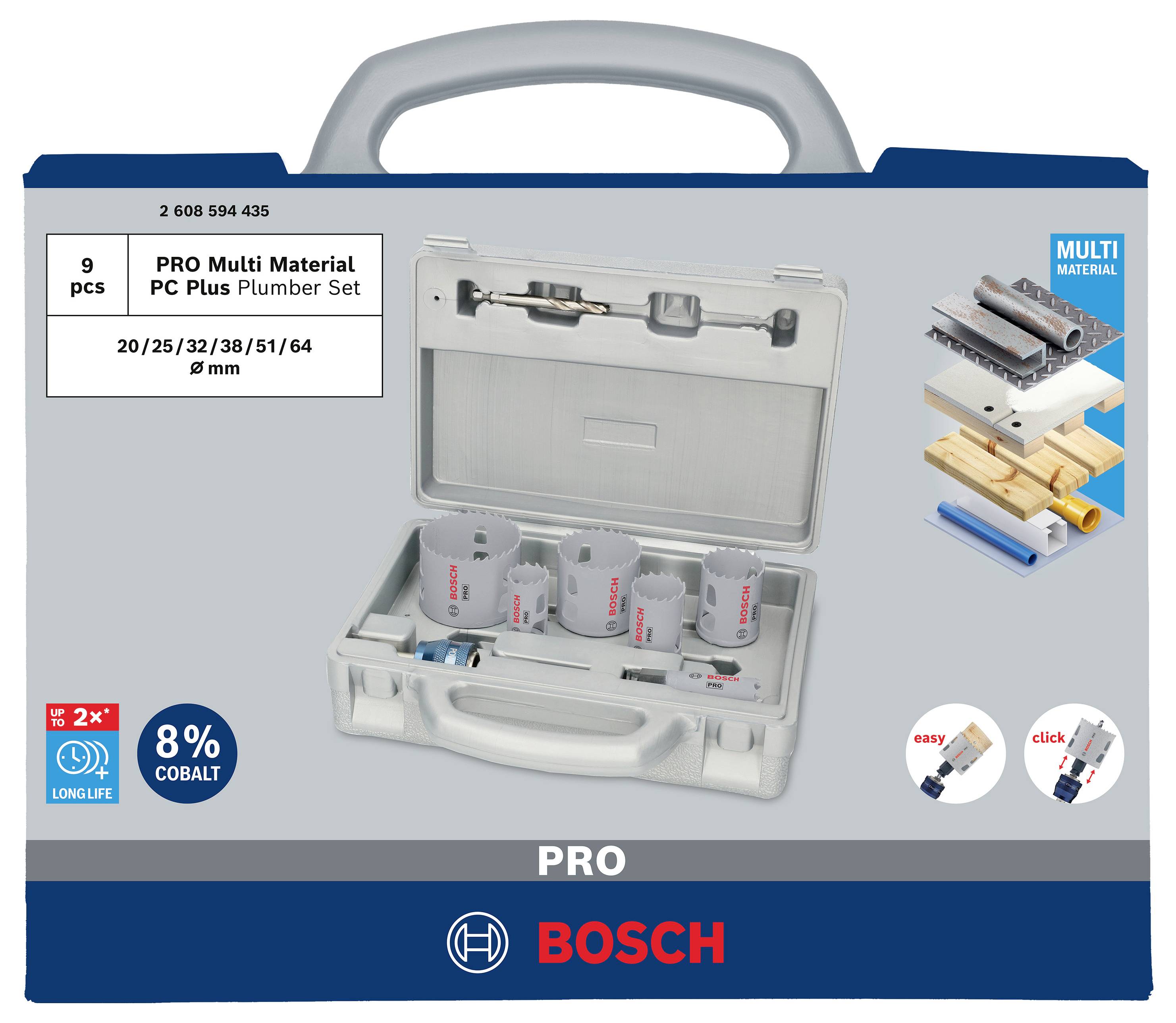Coffret de forets Bosch pour différents matériaux, composé de 9 pièces. Comprend des tailles : 20, 25, 32, 38, 51, 64 mm. Idéal pour les travaux de plomberie.
