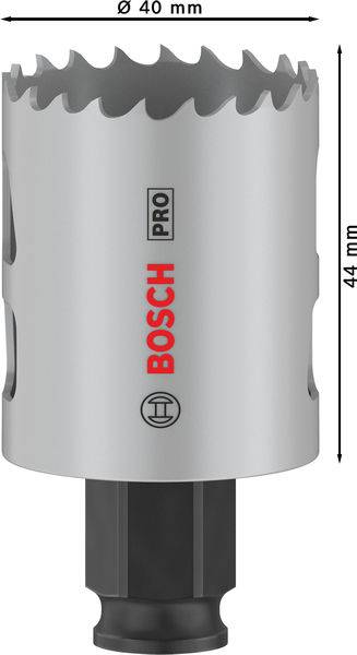 Scie cloche bi-métal Bosch de 40 mm de diamètre et 44 mm de profondeur de coupe, adaptée aux travaux de perçage précis sur métal.