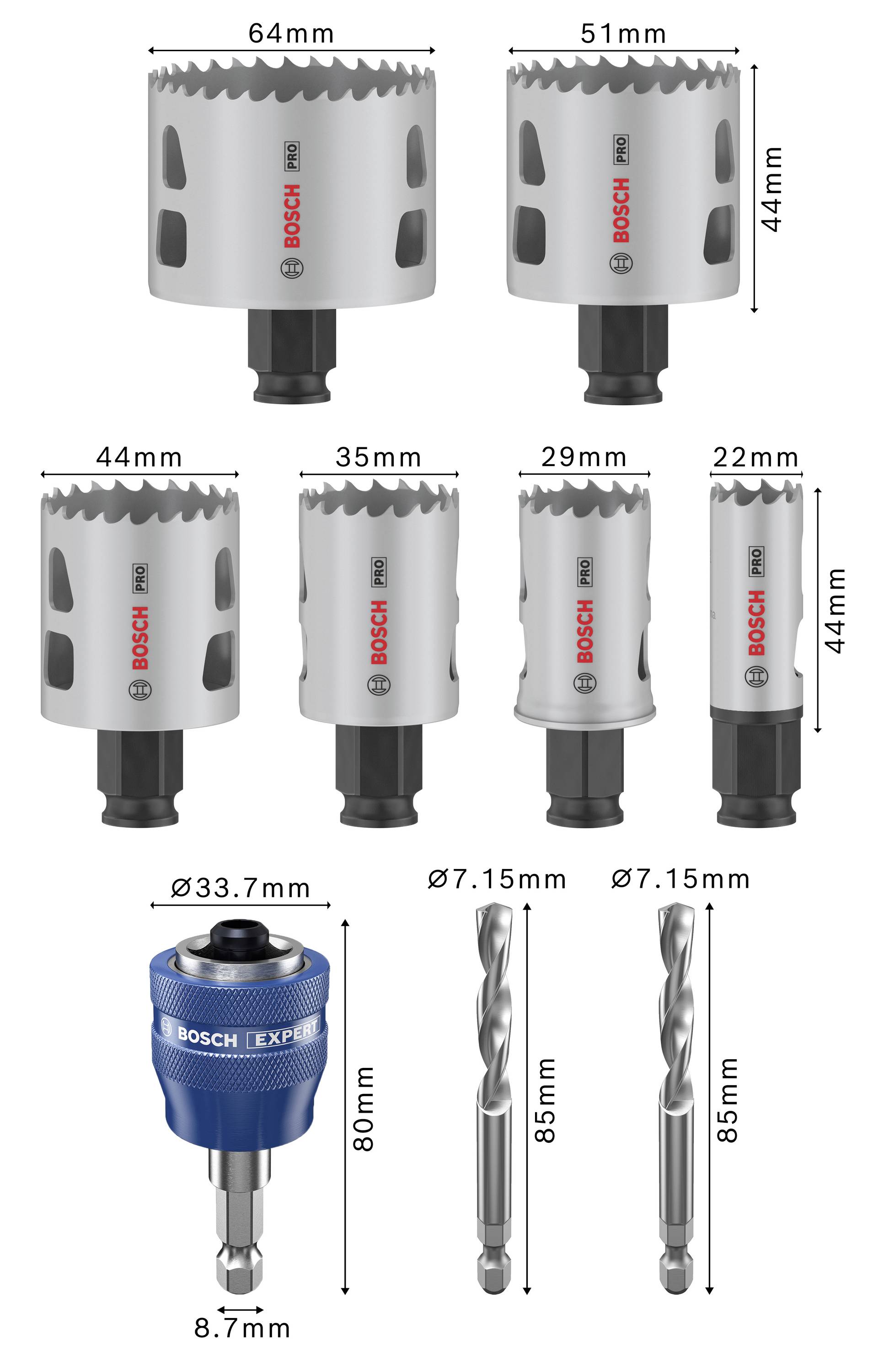 Huit scies-cloches de différentes tailles et trois forets de diamètres différents, tous de Bosch, représentés avec leurs dimensions respectives.