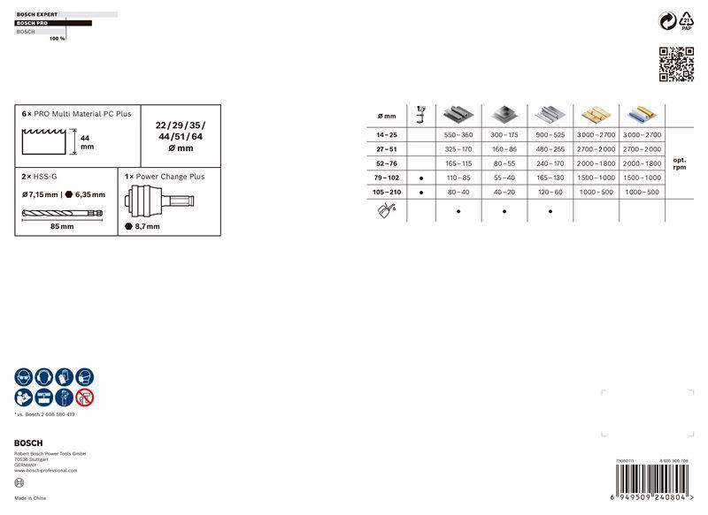 Coffret de forets 'Bosch Expert', comprenant 6 forets PRO Multi Matériaux PC Plus, 2 adaptateurs Power Change Plus. Adapté pour des diamètres de 25 à 150 mm.