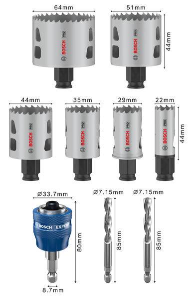 'Illustration de produit Bosch : Six scies-cloches (64 mm à 22 mm), un adaptateur, deux forets (80 mm et 85 mm) de diamètre 7,15 mm.'