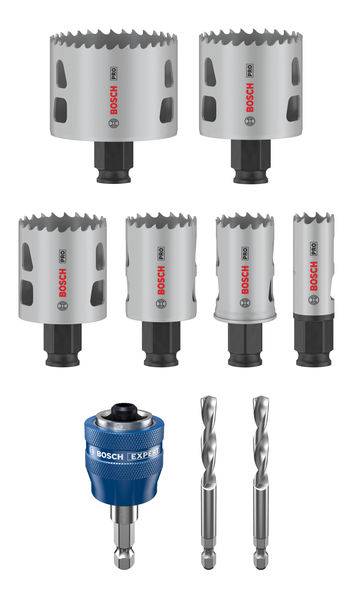 Six scies-cloches de différentes tailles, un adaptateur à changement rapide bleu et deux forets. Conçus pour le perçage précis dans le bois.