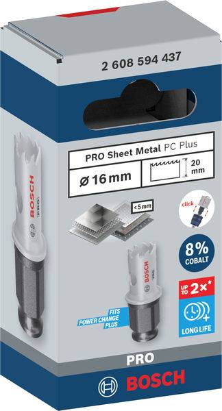 Foret avec emballage portant l'inscription 'PRO Sheet Metal PC Plus', diamètre 16 mm, 8% cobalt, pour une durée de vie prolongée.