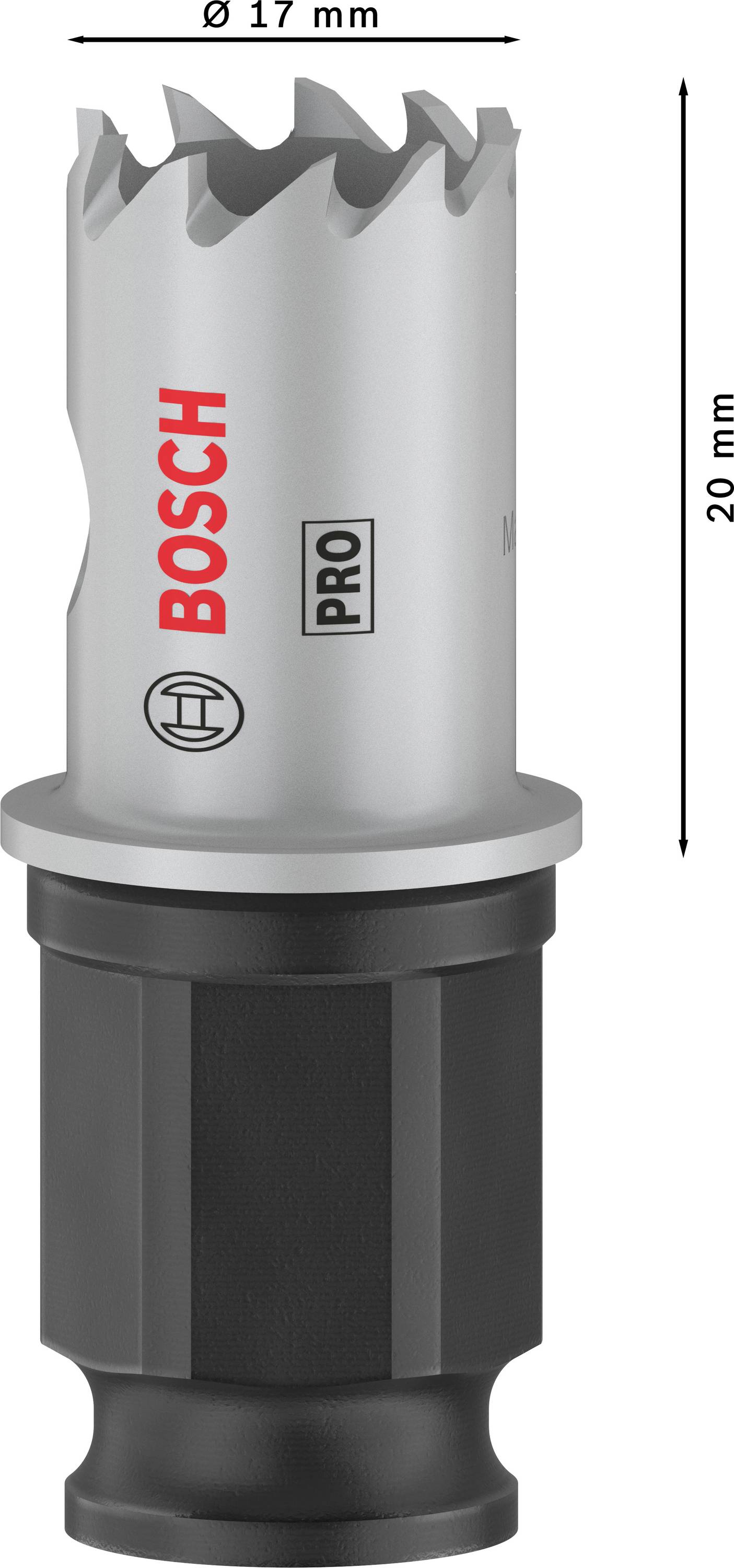 Couronne de perçage Bosch, diamètre 17 mm, hauteur 29 mm, design argent-noir, adaptée pour un perçage précis dans différents matériaux.