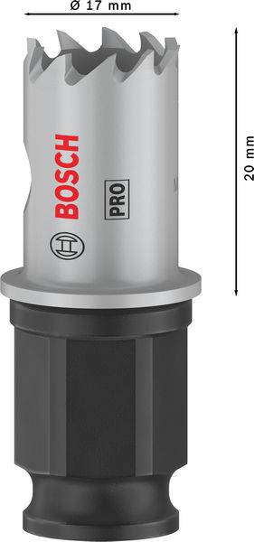 Scie cloche 'Bosch Pro', diamètre de 17 mm, hauteur de 29 mm, présentant des dents dentelées et une base stable.