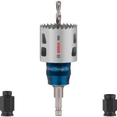 Couronne de forage avec embout et adaptateur interchangeable ; convient pour les perçages dans le bois et le métal. Les accessoires sont représentés séparément.