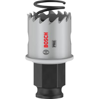 Couronne de forage avec bord métallique dentelé, base noire et ressort spiral sur le dessus, avec logo rouge 'BOSCH'.