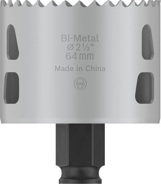 Embout d'outil portant l'inscription 'BI-Metal Ø 2 1/2" 64 mm Made in China', utilisé pour le perçage de grands trous.