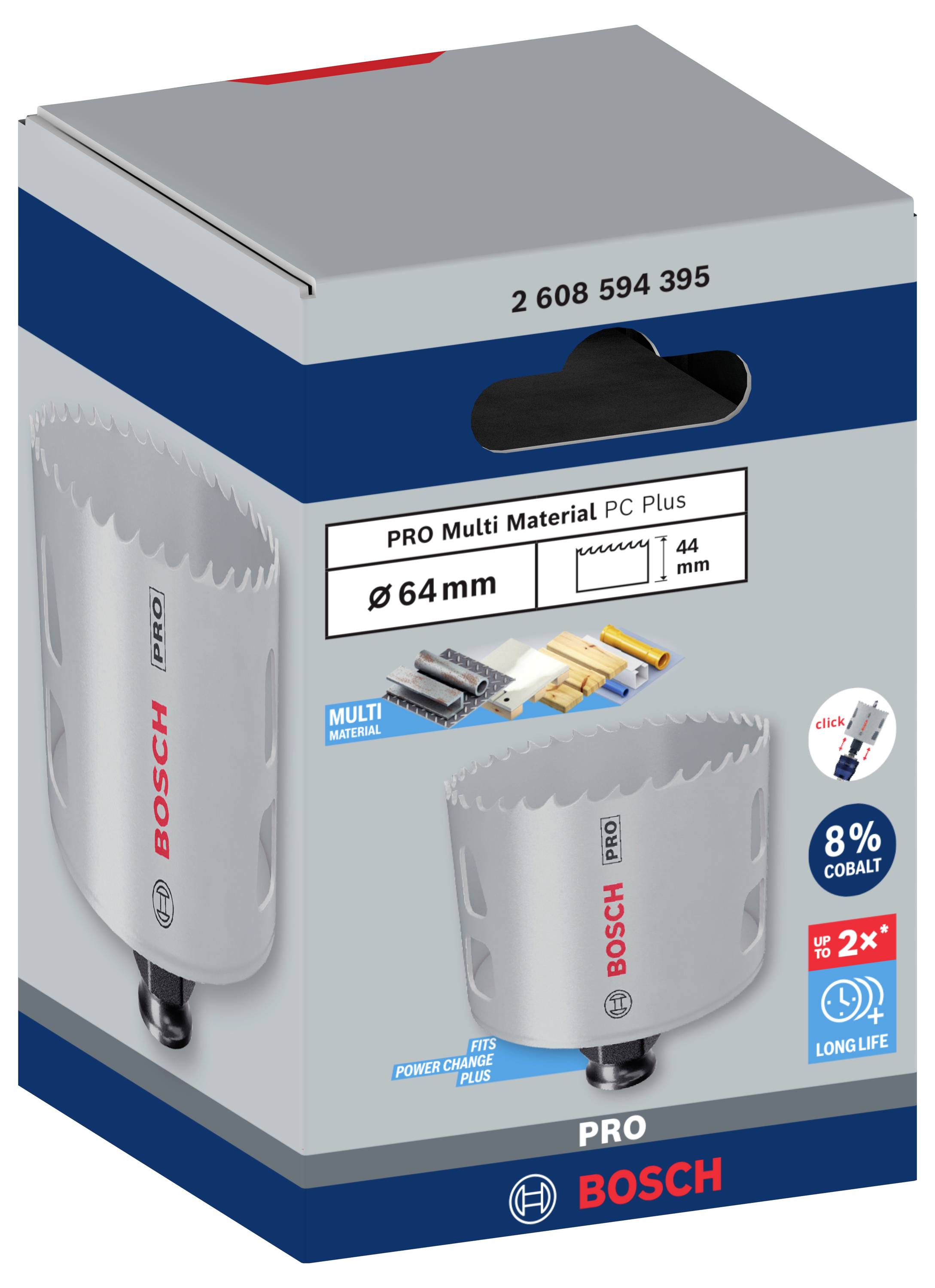 Couronne de forage Bosch pour multi-matériaux, diamètre 64 mm, 8 % cobalt, pour des coupes rapides et de longue durée.