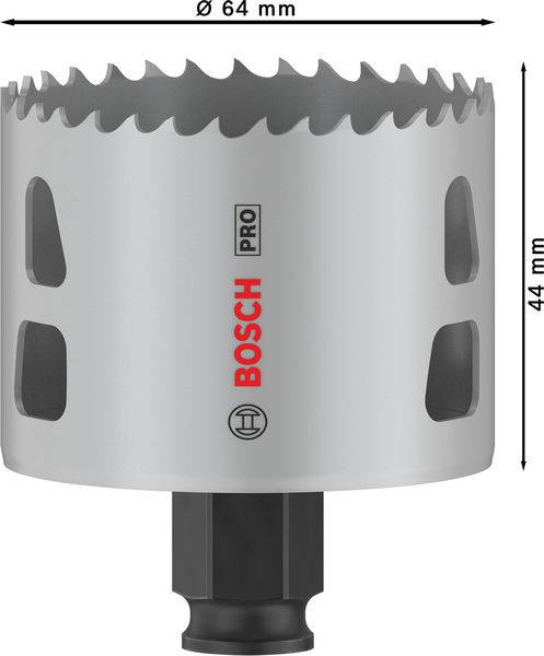 Scie circulaire à métaux Bosch, diamètre 64 mm, hauteur 44 mm, convenant aux applications professionnelles, couleur grise avec logo de marque.