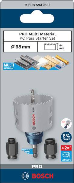 'Bosch PRO Multi Matériaux PC Plus Kit de Démarrage'. Scie cloche de 68 mm avec accessoires pour différents matériaux.