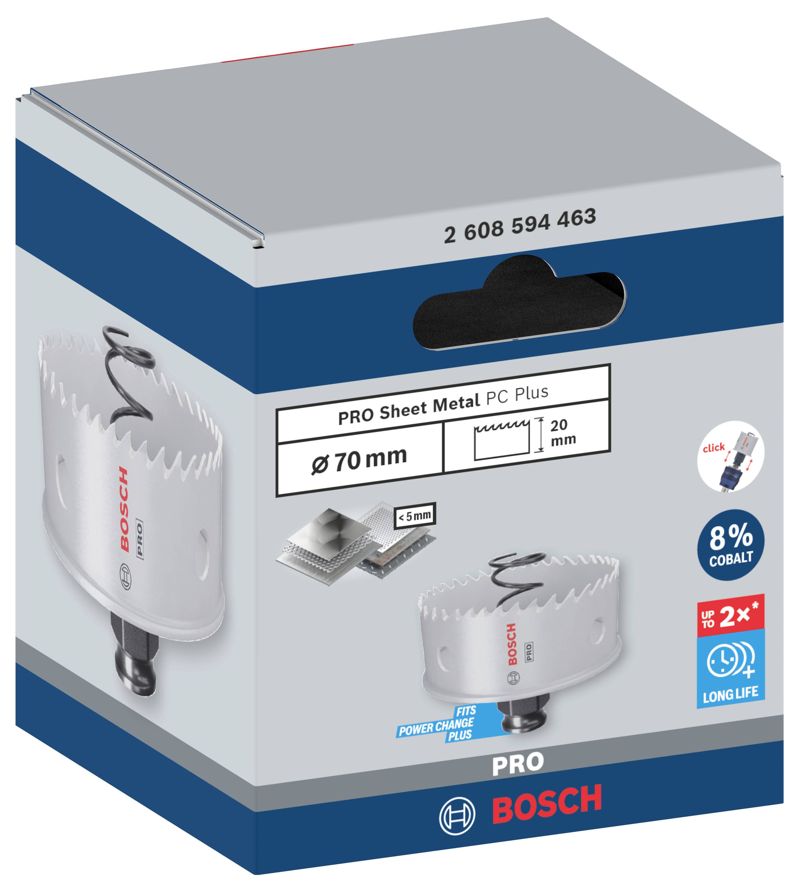 Un ensemble de scie-cloche Bosch pour le travail des tôles, avec un diamètre de 70 mm et une profondeur de coupe de 20 mm. Comprend des détails sur la durabilité et le matériau.