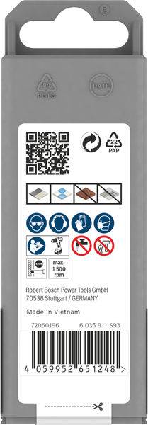 Emballage d'une lame de scie sauteuse avec code QR, symboles pour types d'applications, informations du fabricant 'Robert Bosch Power Tools', fabriqué au Vietnam.