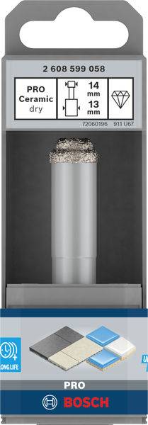 Emballage bleu d'une couronne de forage à sec en céramique Bosch Pro, diamètre de 14 mm. Adapté pour les carrelages. Qualité de durabilité supérieure.