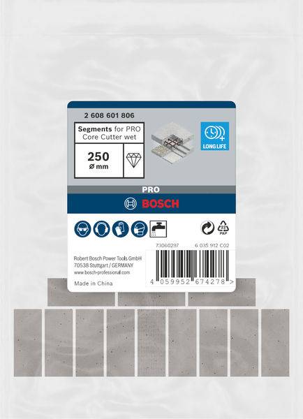 Emballage pour segments de coupe Bosch Core. Présente des détails tels que le numéro de modèle, taille de 250 mm, application à eau, fabriqué en Chine.