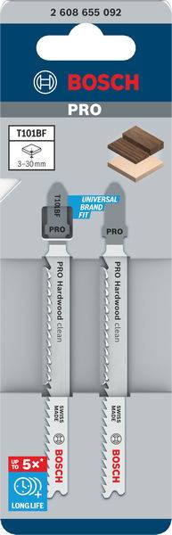 Représentation de deux lames de scie sauteuse Bosch de type T101BF, adaptées au bois dur et au stratifié, portant l'inscription « PRO ».