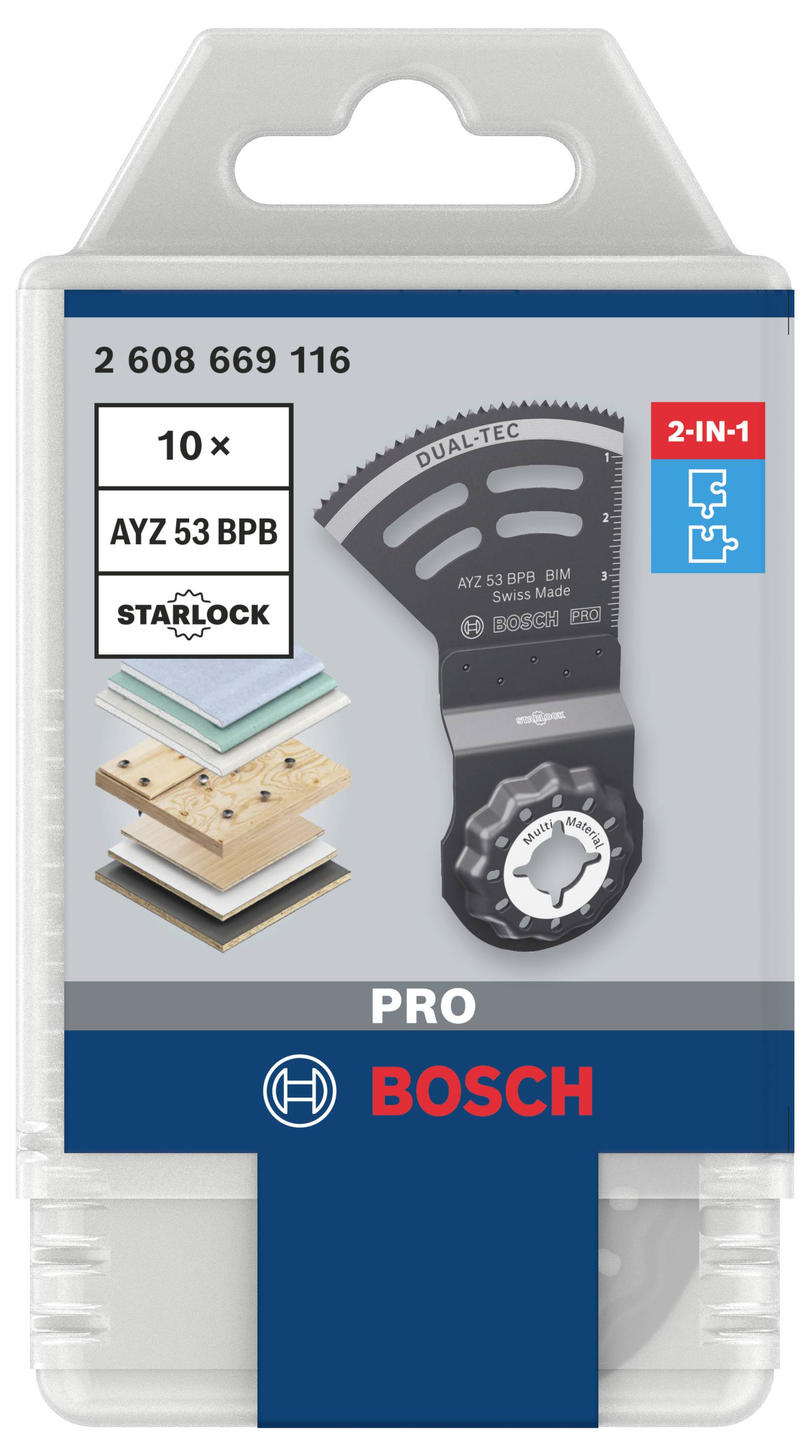 Emballage de 10 lames de scie Bosch Starlock Dualtec, en plastique, avec fonction 2-en-1 pour le bois et le métal.