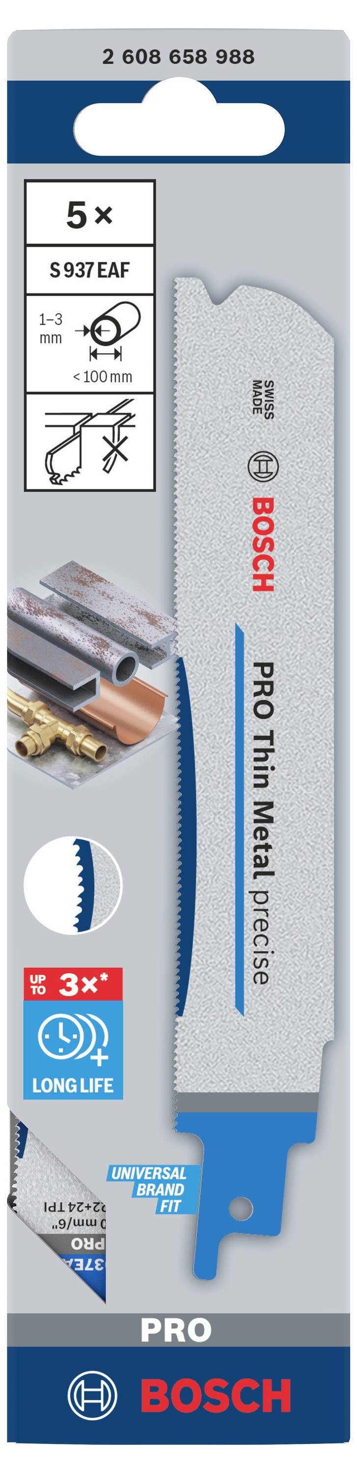 Emballage d'une lame de scie Bosch 'S 937 EAF' pour métal fin. Contient 5 pièces, avec l'accent mis sur la durabilité et la précision.