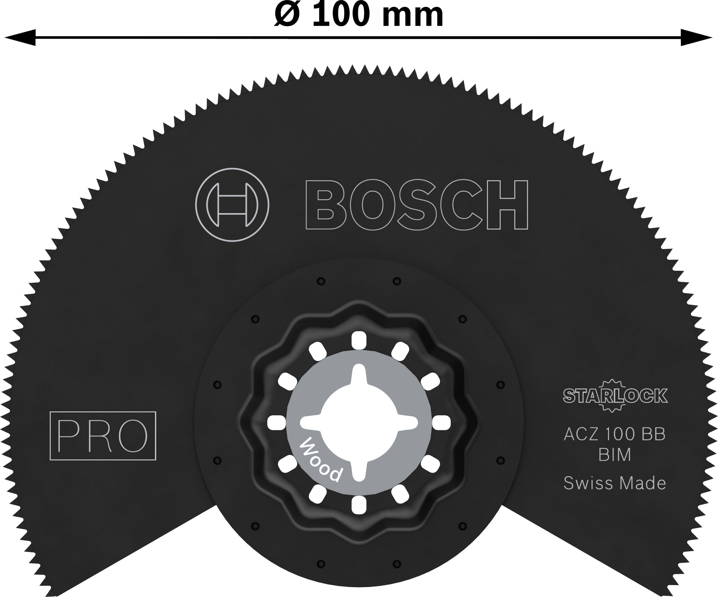 Lame de scie Bosch Starlock Pro, Ø 100 mm, ACZ 100 BB BiM, Swiss Made, pour coupe de bois.