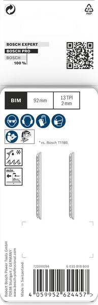 Emballage d'une lame de scie Bosch Expert, longueur 92 mm, 13 TPI, pour bois et métal. Contient des symboles et un code QR pour plus de détails.