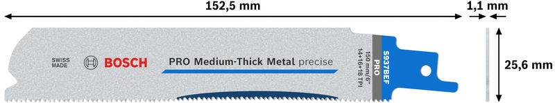 Lame de scie sabre, longueur 152,5 mm, largeur 25,6 mm, épaisseur 1,1 mm, marque Bosch, pour métal de moyenne épaisseur, coupes précises.