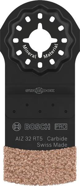 Lame de scie Bosch Starlock, adaptée pour le travail des matériaux minéraux et autres matériaux. Inscription : 'AIZ 32 RT5 Carbure Swiss Made'.