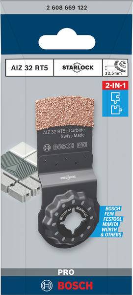 Emballage d'une lame de scie Bosch Starlock-AIZ 32 RT5 au carbure. Convient pour les joints de carrelage et plus. Taille : 32 mm, fonction 2-en-1.