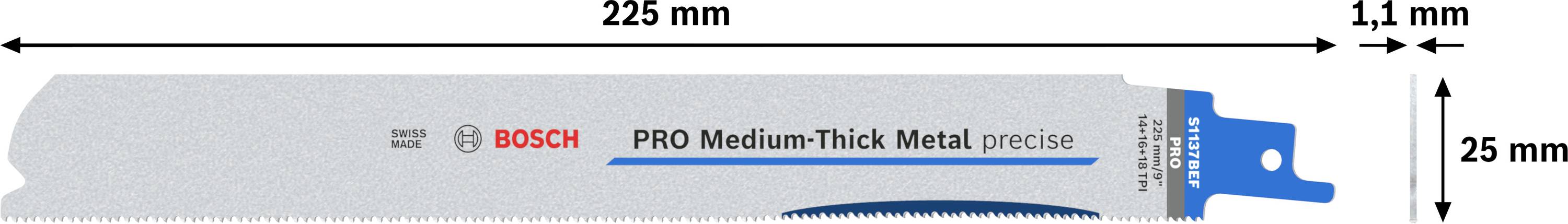 Lame de scie à métaux Bosch, 225 mm de long, 25 mm de haut, 1,1 mm d'épaisseur, adaptée pour métal d'épaisseur moyenne.
