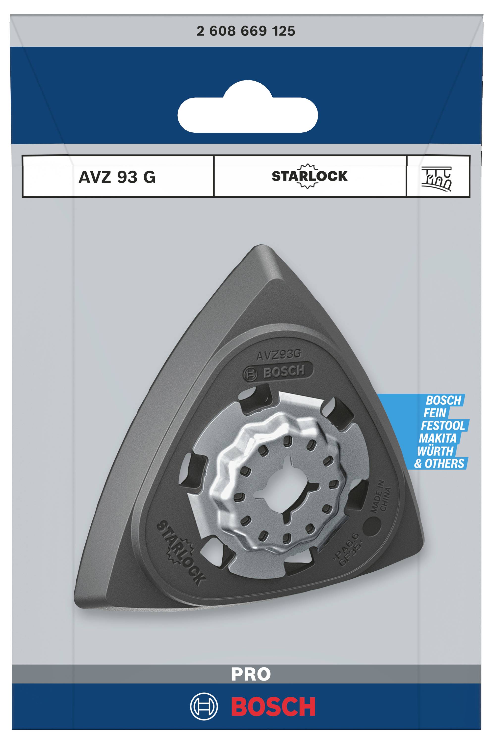 'Feuille abrasive triangulaire Bosch Starlock AVZ 93 G avec guide de fixation dans un emballage.'