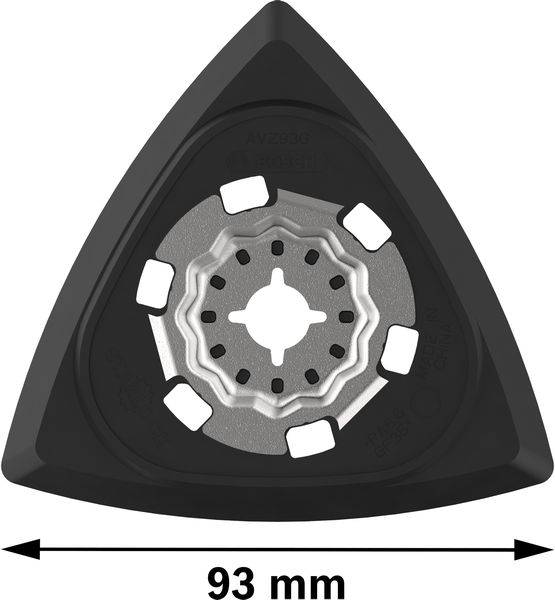 Plateau de ponçage triangulaire avec bordure noire et centre en métal. L'inscription '93 mm' en dessous indique la taille.