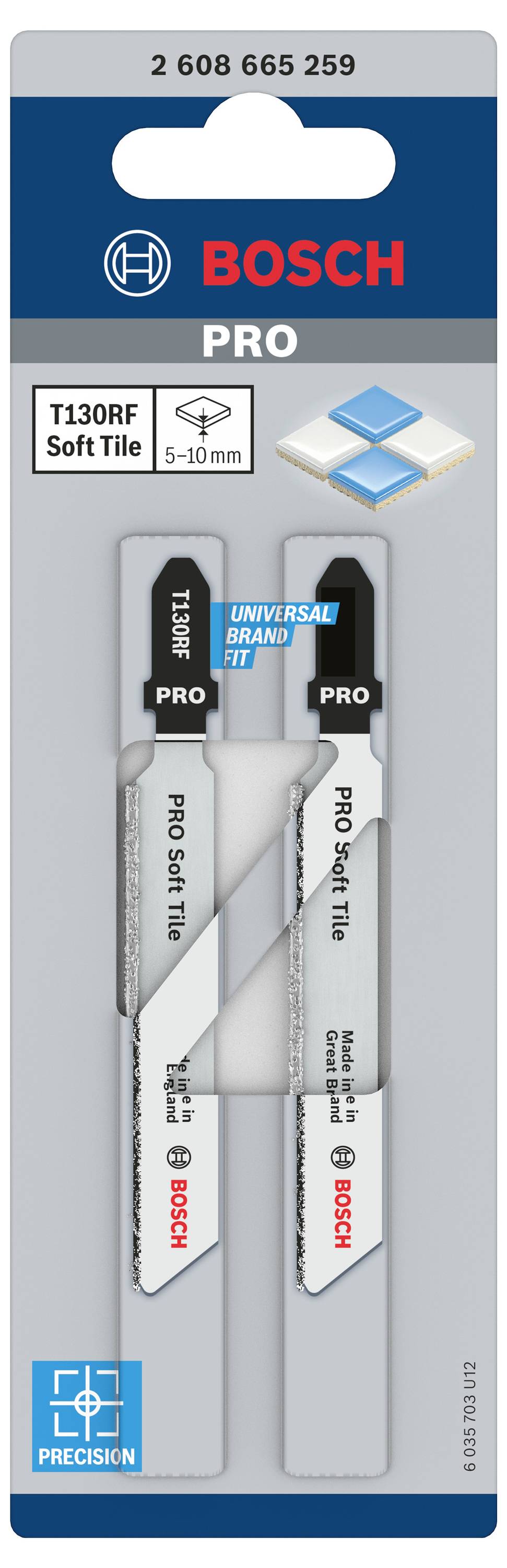 Emballage contenant deux lames de scie sauteuse Bosch PRO, modèle T130RF, adaptées aux carreaux tendres, convenant pour une épaisseur de 5 à 10 mm.