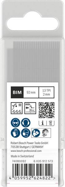 Emballage d'une lame de scie portant l'inscription « BIM 92 mm 13 TPI 2 mm ». Contient des symboles et un code QR. Informations du fabricant en bas.