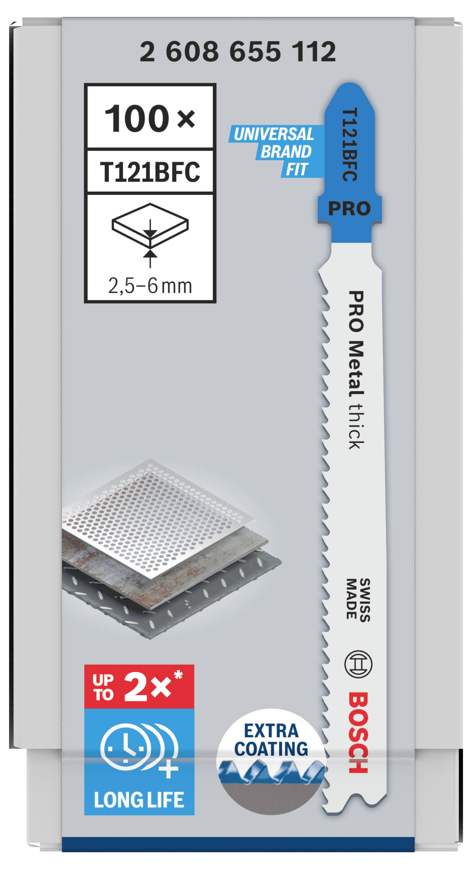 Lame de scie 'Bosch T121BFC', adaptée pour le métal, emballage présentant la forme de la lame, taille 2,5–6 mm, avec indication de longue durée de vie.