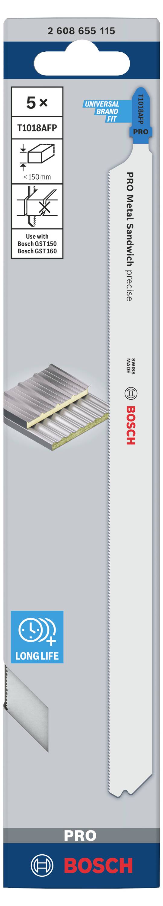 'Bosch Pro' Lame de scie sauteuse pour métal, lot de 5 pièces. L'image montre l'emballage avec les détails du produit : 'T118GFM', adapté au métal et à l'acier inoxydable, qualité LongLife.