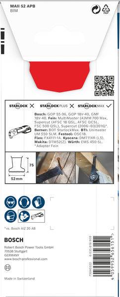 Emballage d'une lame de scie Bosch, compatible avec Starlock, Starlock Plus et Starlock Max. Adaptée pour le bois et le métal, 52 mm.