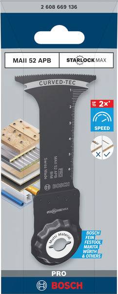 Lame de scie Bosch Starlock Max MAII 52 APB ; présente des possibilités d'utilisation sur bois, métal et plastique à vitesse double.