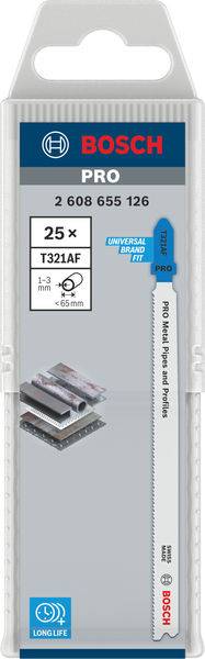 Emballage de 25 lames de scie Bosch Pro, modèle T321AF, adaptées au métal et aux tôles fines, dimensions 1-3 mm x 100 mm, durée de vie prolongée.