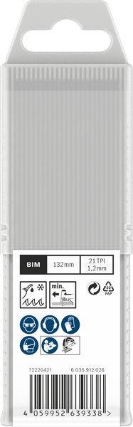 Emballage pour mèches avec indications : 'BIM', longueur 132 mm, 23 TPI, épaisseur 1,2 mm. Symboles d'application : métal, bois, plastique.