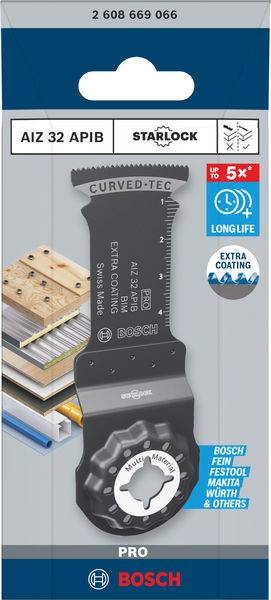 'Lame de scie pour outils oscillants. Utilisation sur bois, métal, plastique. Compatible avec Bosch, Fein, Festool. Fixation Starlock.'