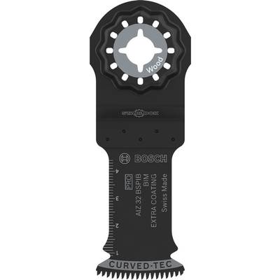 Une lame de scie multifonction noire avec segment denté pour le bois. L'inscription indique le fabricant et les informations du modèle.