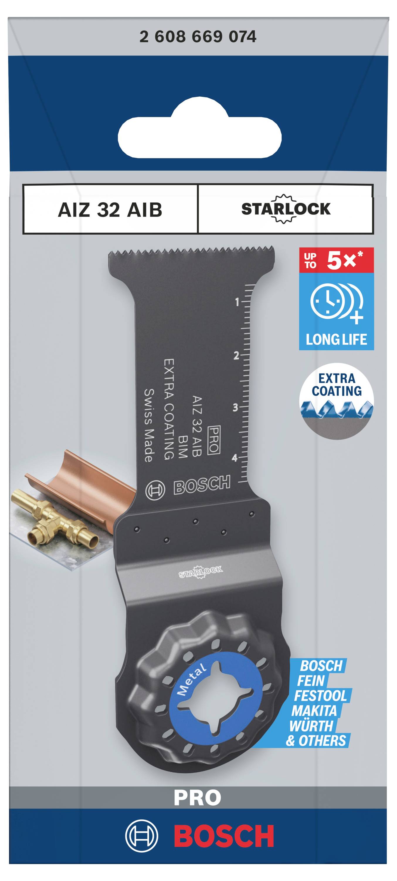 Un emballage de lame de scie Bosch Starlock montrant le modèle AIZ 32 AIB. Adapté pour l'usinage du bois, du métal et du plastique.