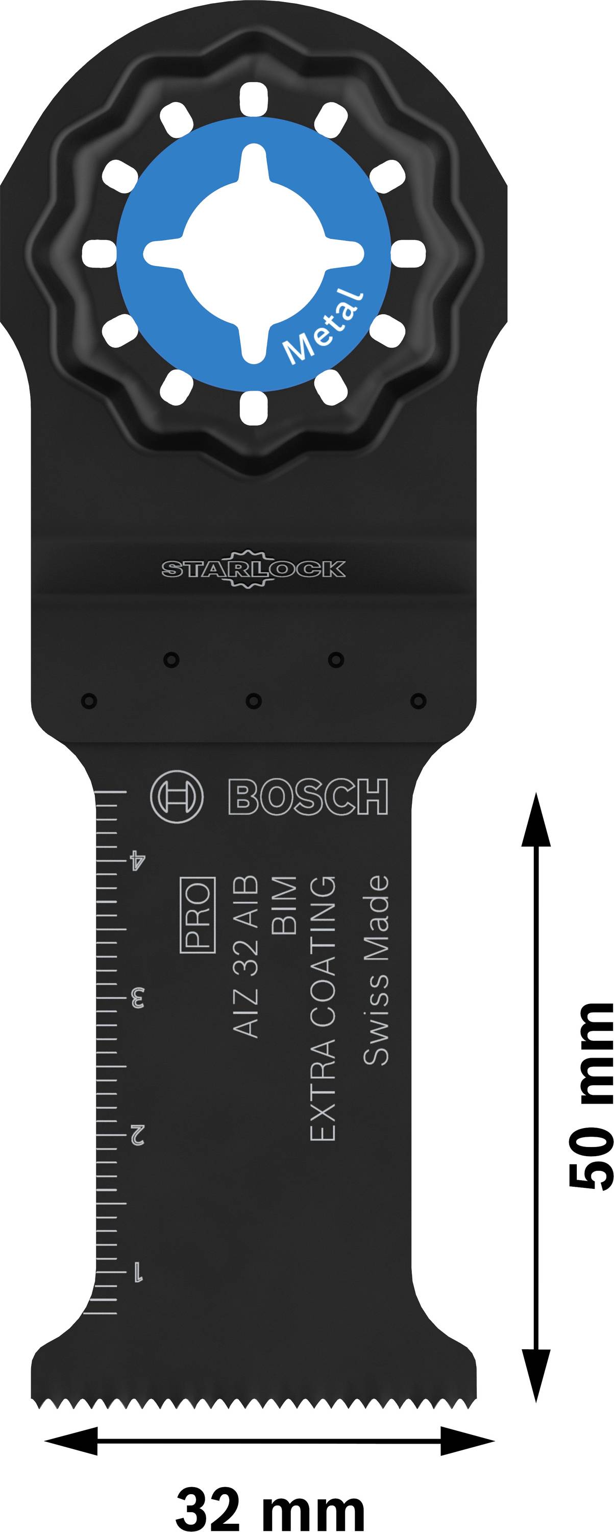 Accessoire de lame de scie Bosch pour outils multifonctions, spécifiquement pour le travail des métaux, avec échelle de mesure, largeur 32 mm, longueur 50 mm.