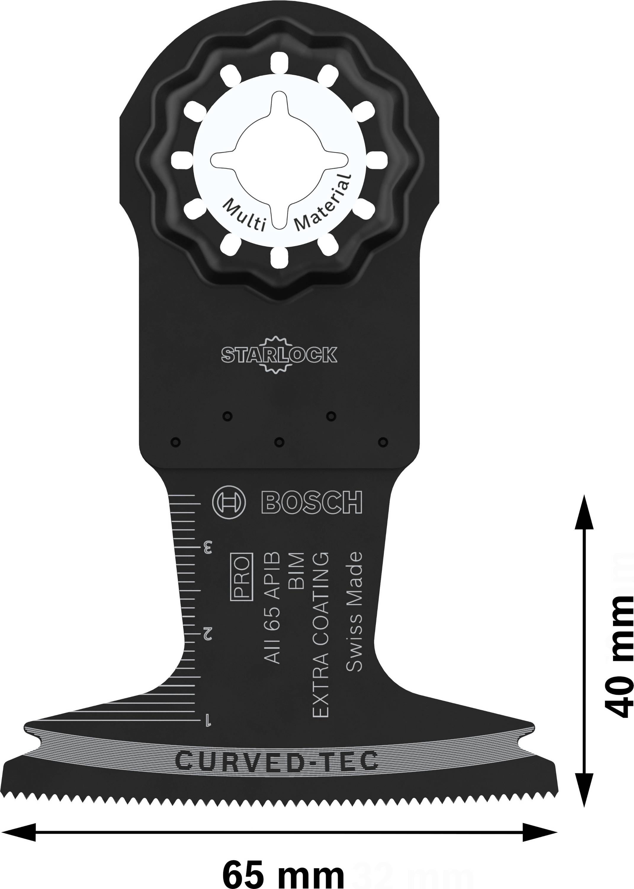 Lame de scie multioutil, adaptée à différents matériaux. Dimensions : 40 mm de profondeur de coupe, 65 mm de largeur. Marque Bosch, description du modèle.