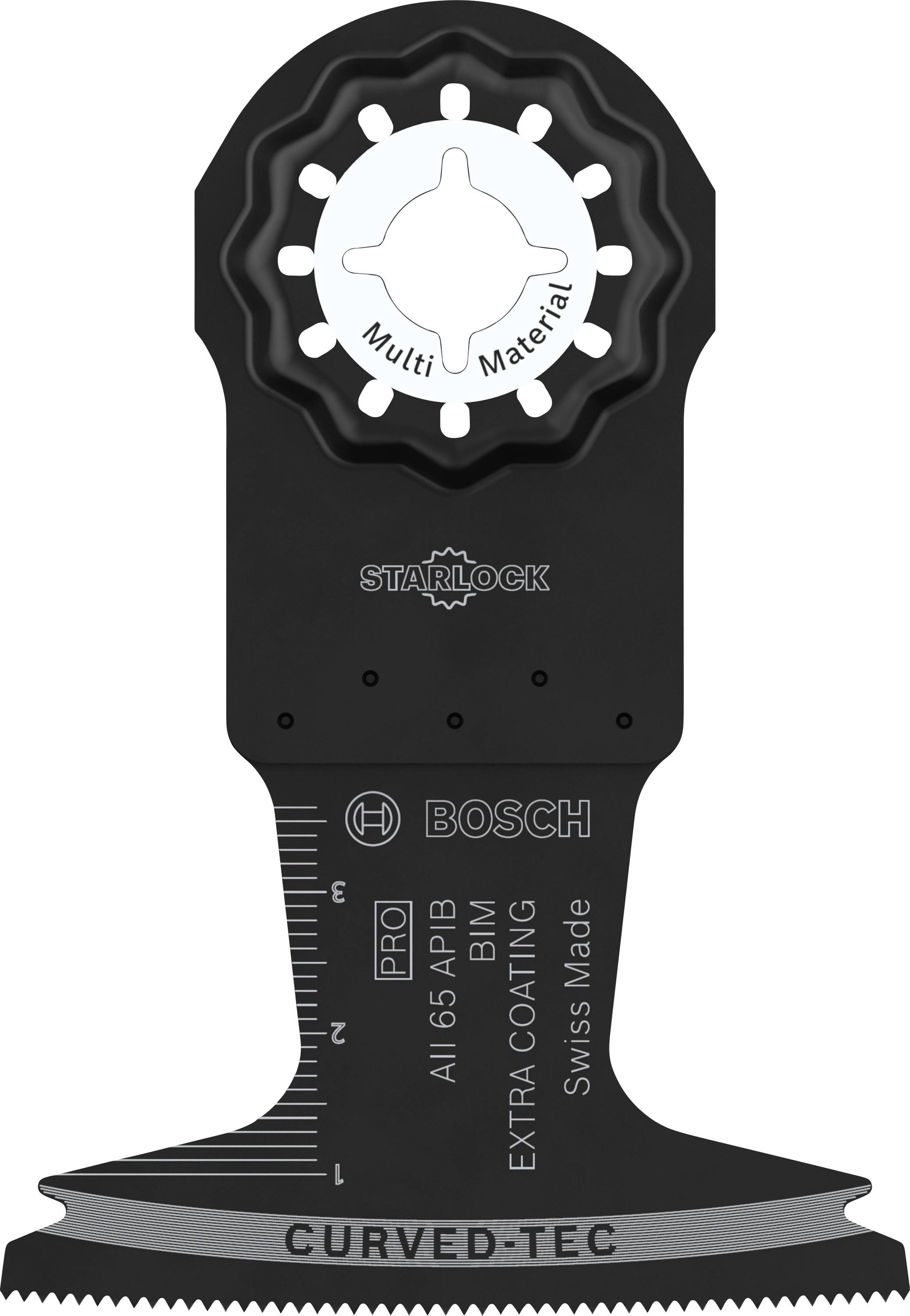 Une lame de scie Bosch noir et grise pour outils multifonctions avec système de fixation 'Starlock'. Inscription : 'Multi Material'.