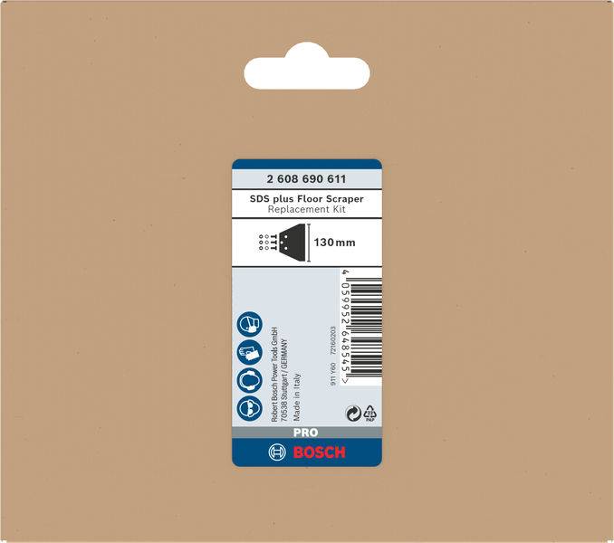 Emballage d'un kit de remplacement pour grattoir de sol Bosch SDS plus, 130 mm. Contient une image du produit et son numéro de référence.