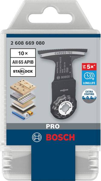 'Emballage de la lame de scie Bosch Pro Starlock, adaptée au bois, au métal et au plastique, offrant une longue durée de vie et un revêtement spécial.'