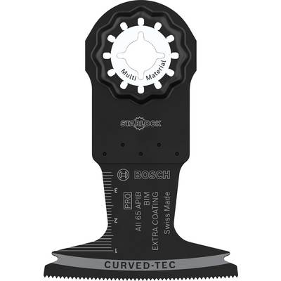 Lame de scie Bosch Starlock noir et gris, spécialement conçue pour multi-matériaux, avec indications de mesure sur le côté gauche et 'CURVED-TEC' en bas.