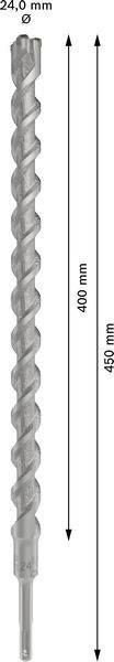 Adaptateur de forage, diamètre de 24 mm, longueur de 450 mm, adapté au perçage du béton. Indique les dimensions longitudinales et de diamètre.
